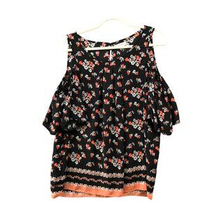 Max Studio Cold Shoulder Blouse Womens L Black Coral Floral Flutter Sleeve